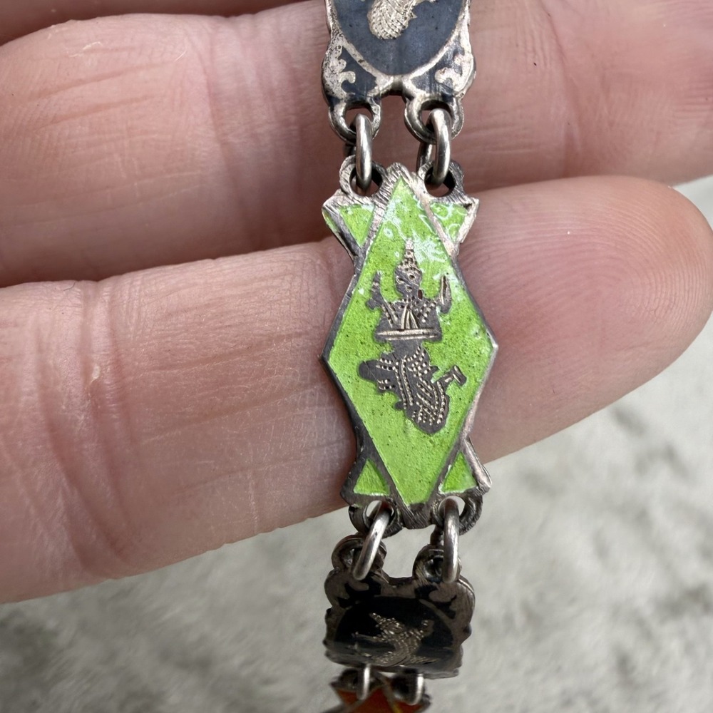 Vintage Siam Sterling Silver Bracelet Multicolor Enamel 6.5" - Picture 7 of 11